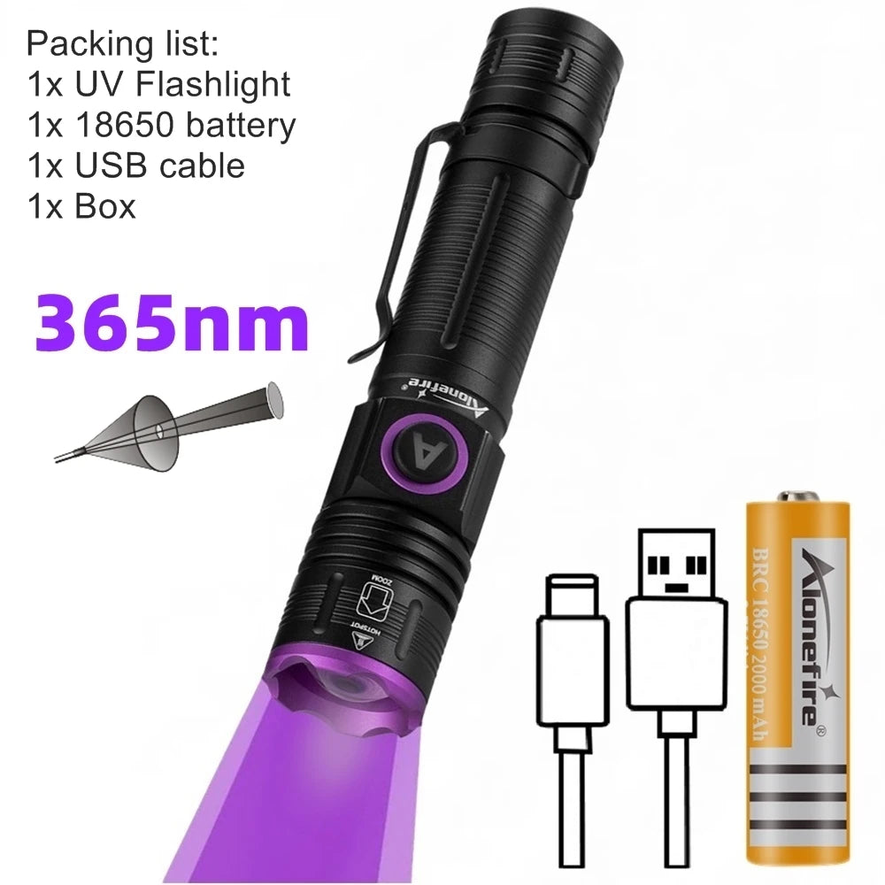 365 Zoom UV Flashlight USB Rechargeable Ultraviolet