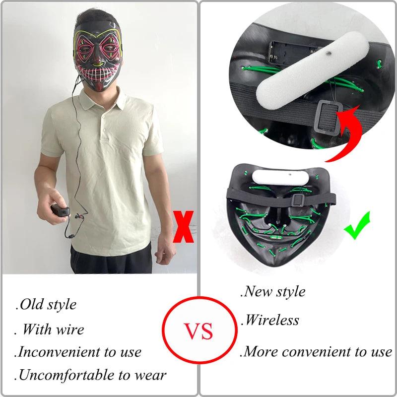 قناع وجه مخيف متوهج للهالوين لاسلكي متعدد الألوان