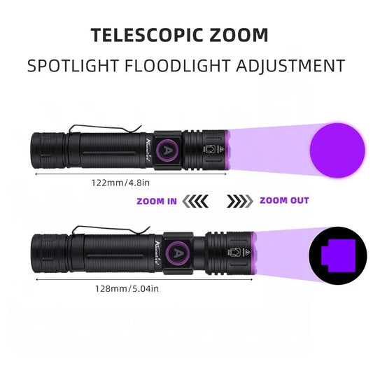 365 Zoom UV Flashlight USB Rechargeable Ultraviolet
